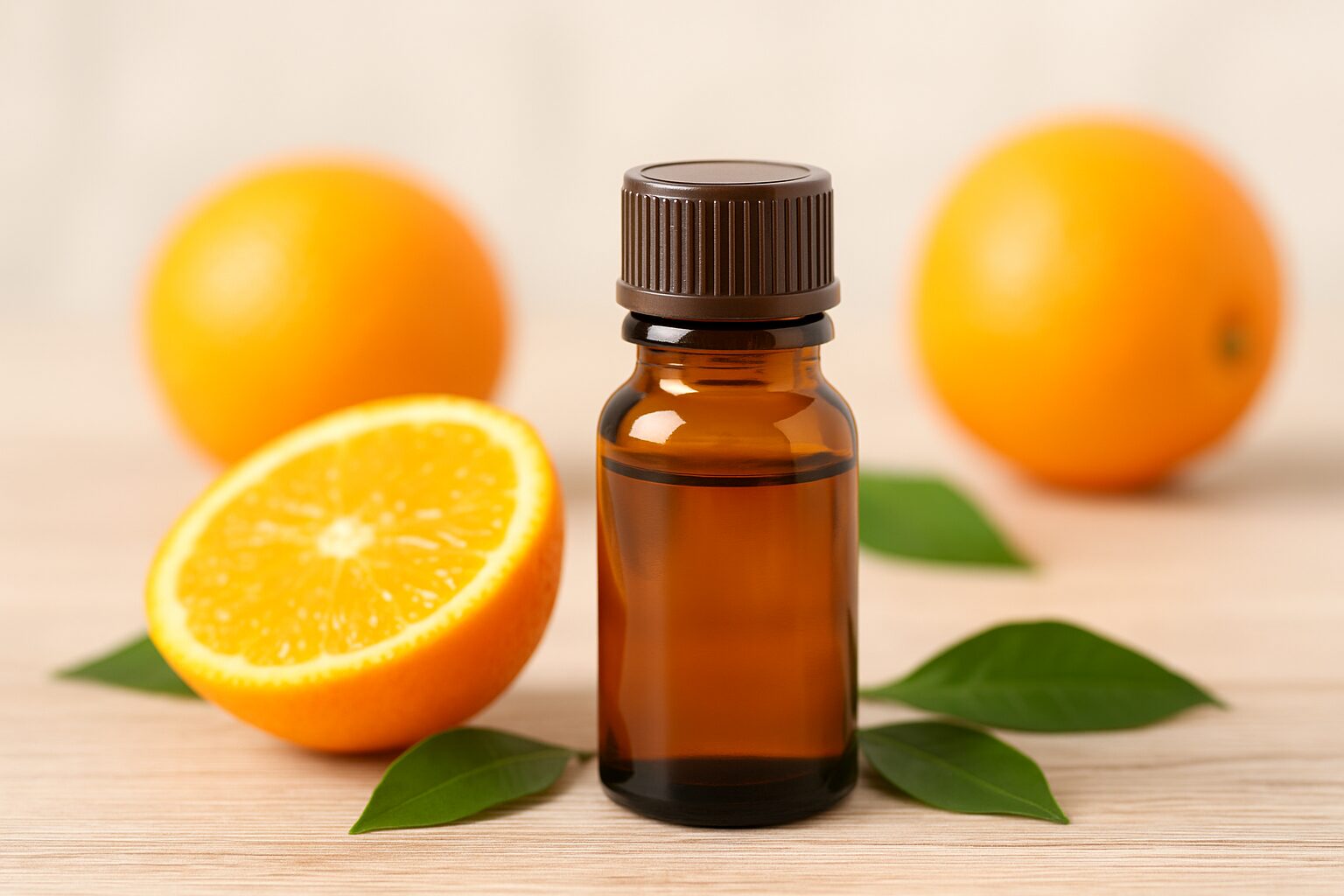 柑橘系のオレンジの果実と精油瓶が並んだ写真。アロマテラピーに使われるオレンジ精油のイメージ。