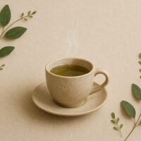 「クリーム色の柔らかな背景に、湯気の立つハーブティーのカップとソーサーが置かれ、周囲にはユーカリの枝葉が静かに添えられた、温かく落ち着いた雰囲気の写真