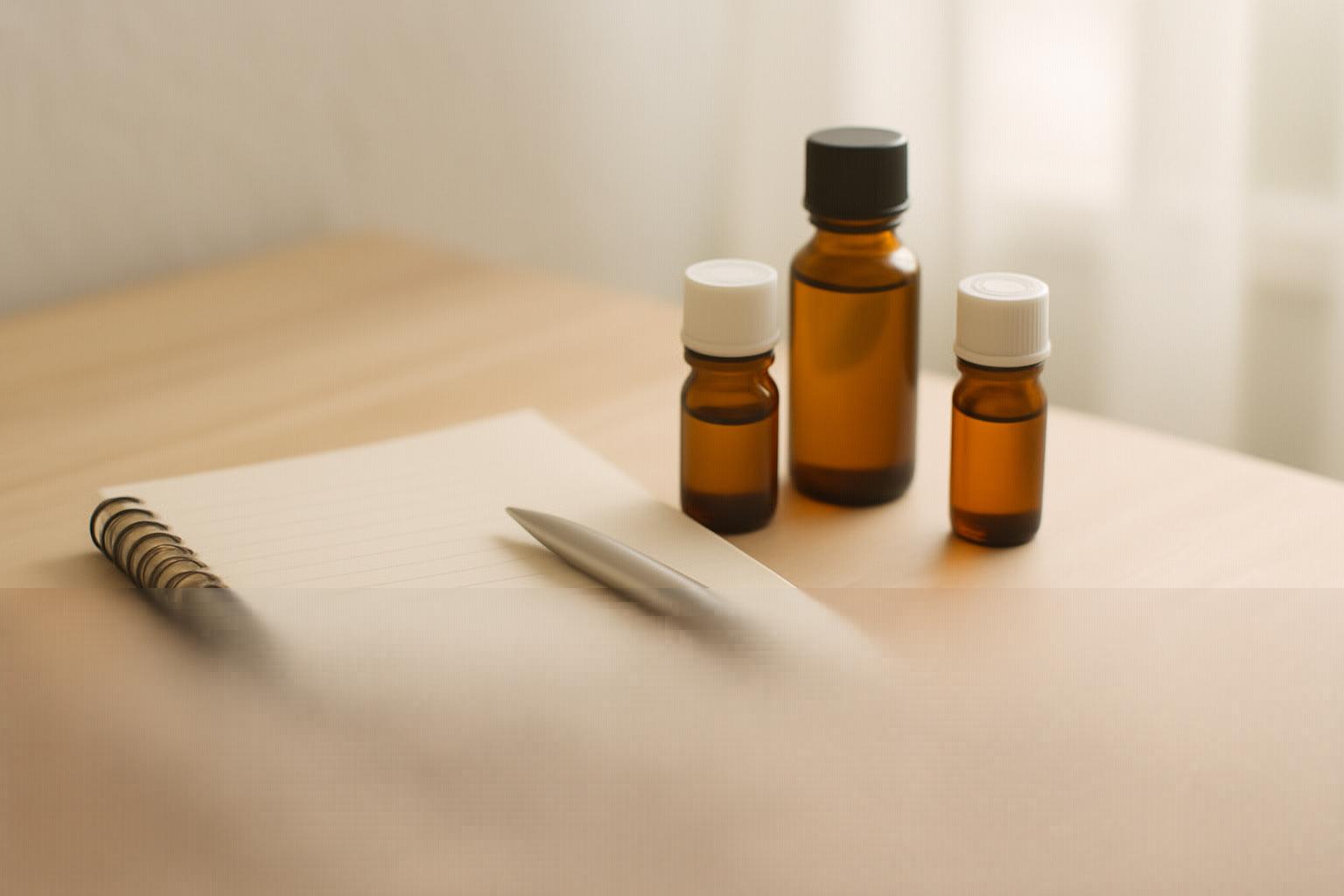 アロマ資格講座を学ぶためのノートと精油が置かれたナチュラルな空間の写真