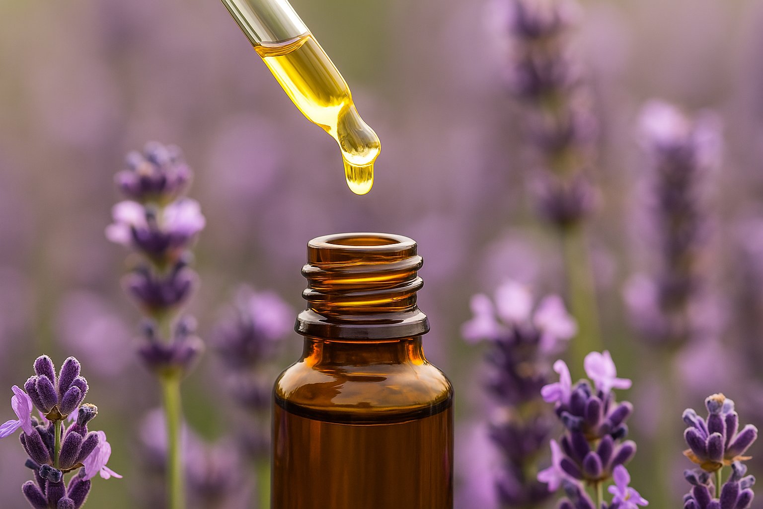 ラベンダー畑の中で、ガラスドロッパーから滴る精油と琥珀色のボトル