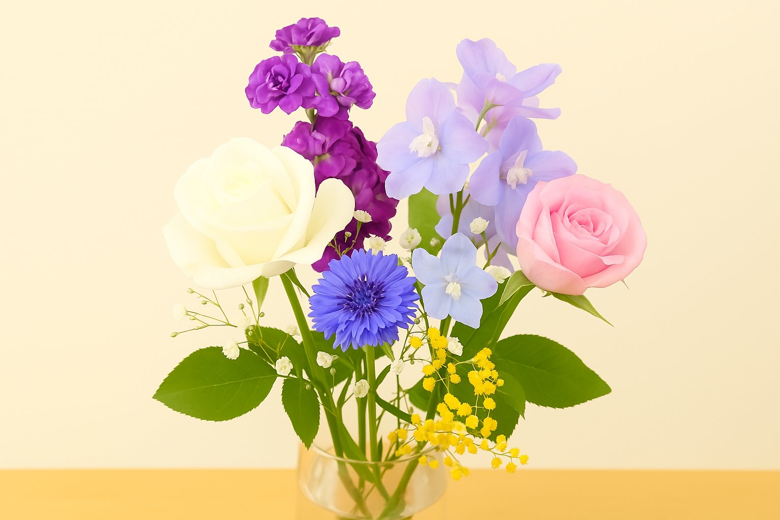 色とりどりの花々が調和よく並んだナチュラルなブーケの写真