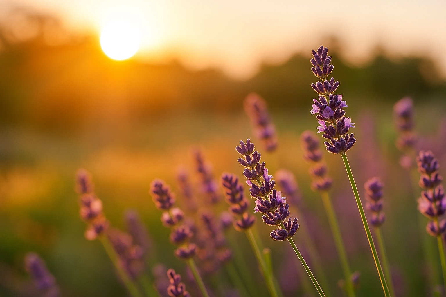 夕陽に照らされたラベンダーの花と、自然の癒しを感じる風景