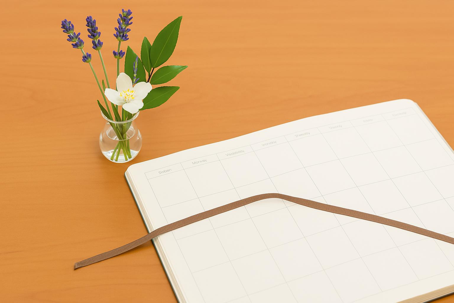 木のテーブルに置かれたスケジュール帳とお花、学びの準備が整った静かな空間の写真