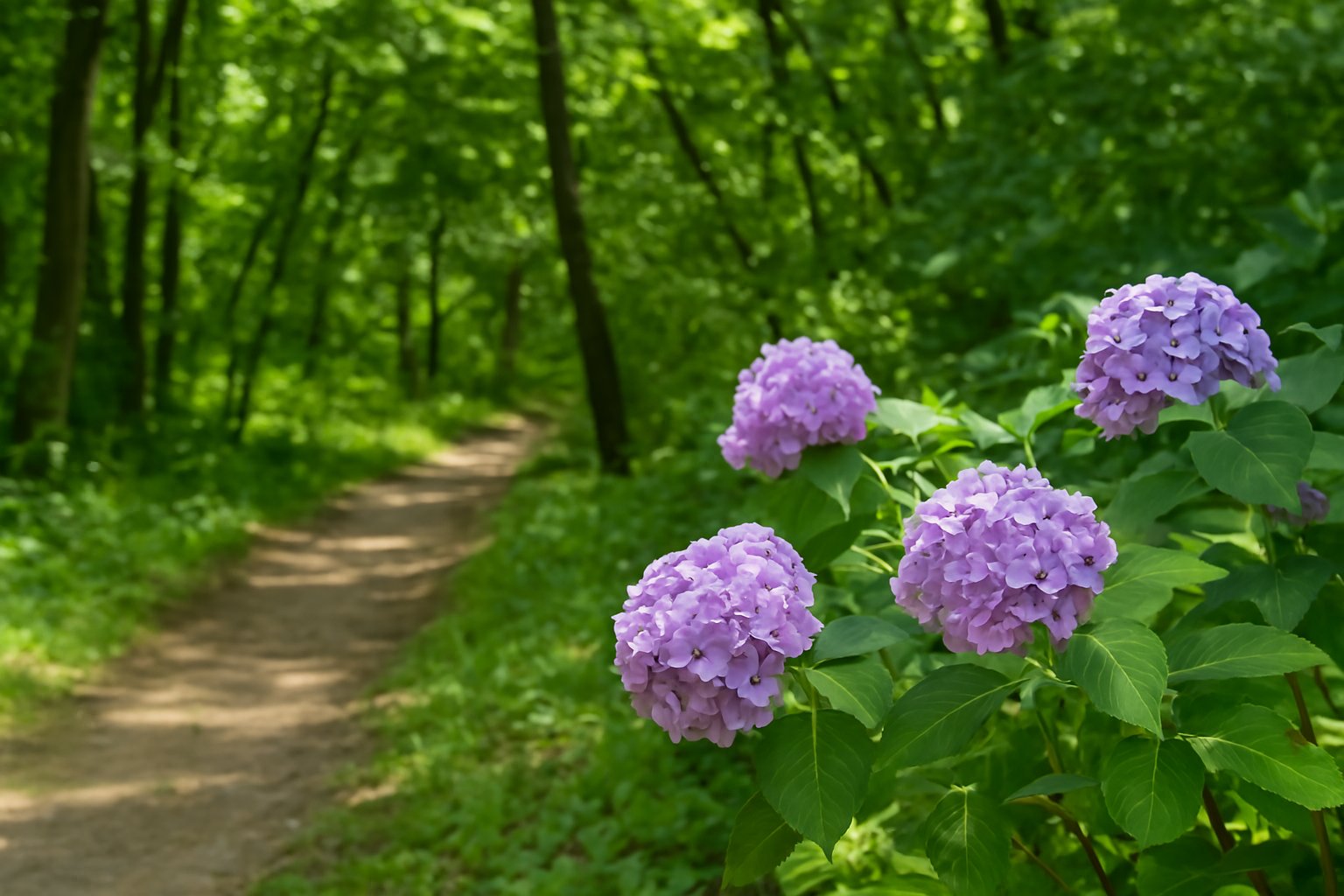 柔らかな陽ざしに包まれた森の小径の風景