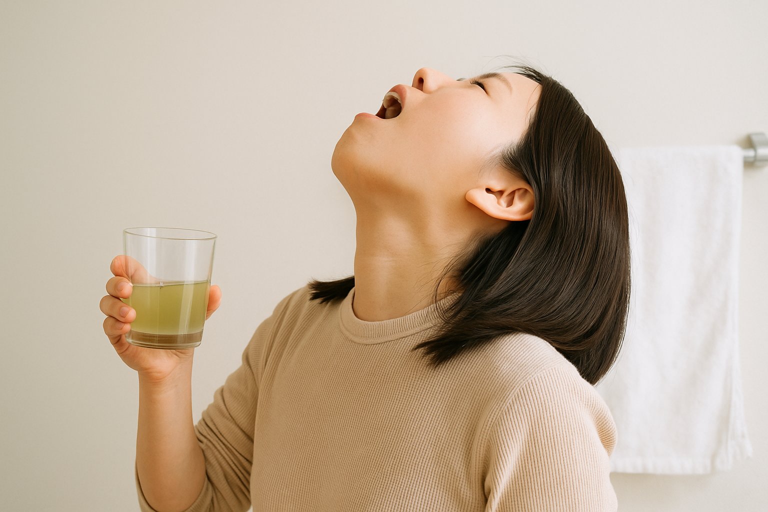 うがいをしている女性の横顔と手元、水の動きが見える爽やかなシーン