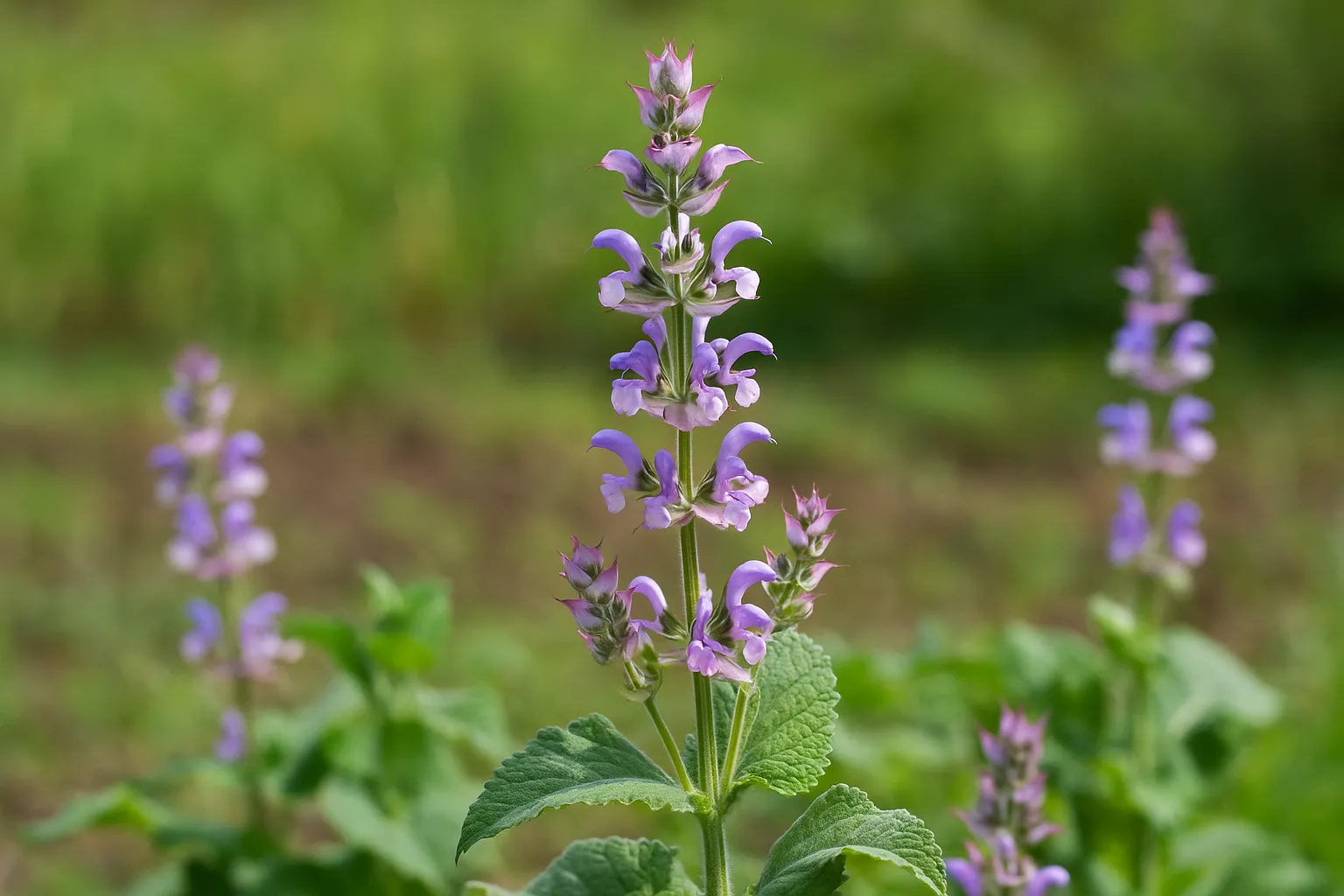 緑の葉と紫色の花を咲かせるクラリセージ（Salvia sclarea）の植物写真